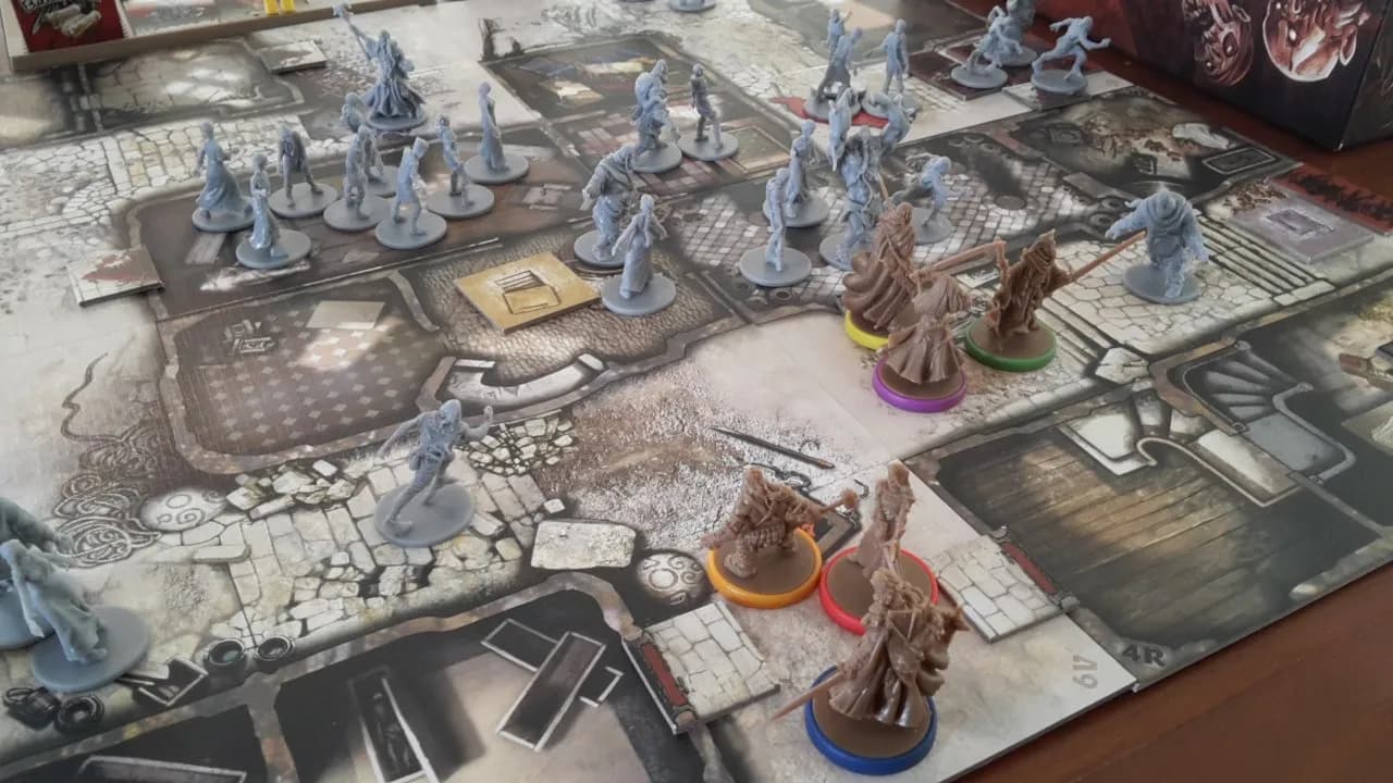 Tabuleiro do jogo Zombicide Black Plague Mars e seus componentes